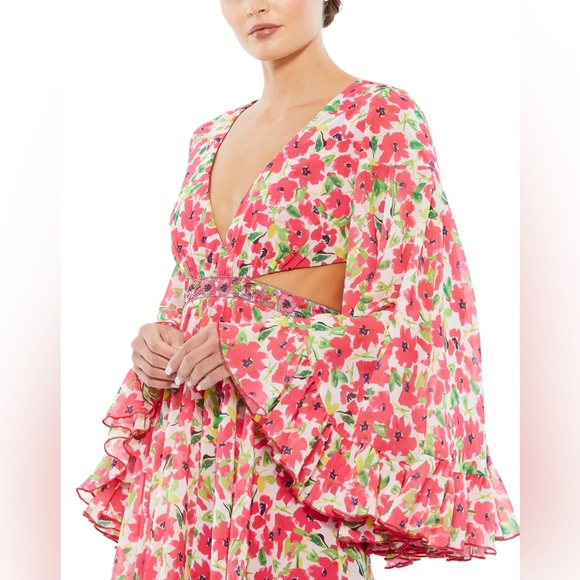MAC DUGFAL FLORAL CUT OUT V NECK BELL SLEEVE MINI DRESS - Picture 4 of 9